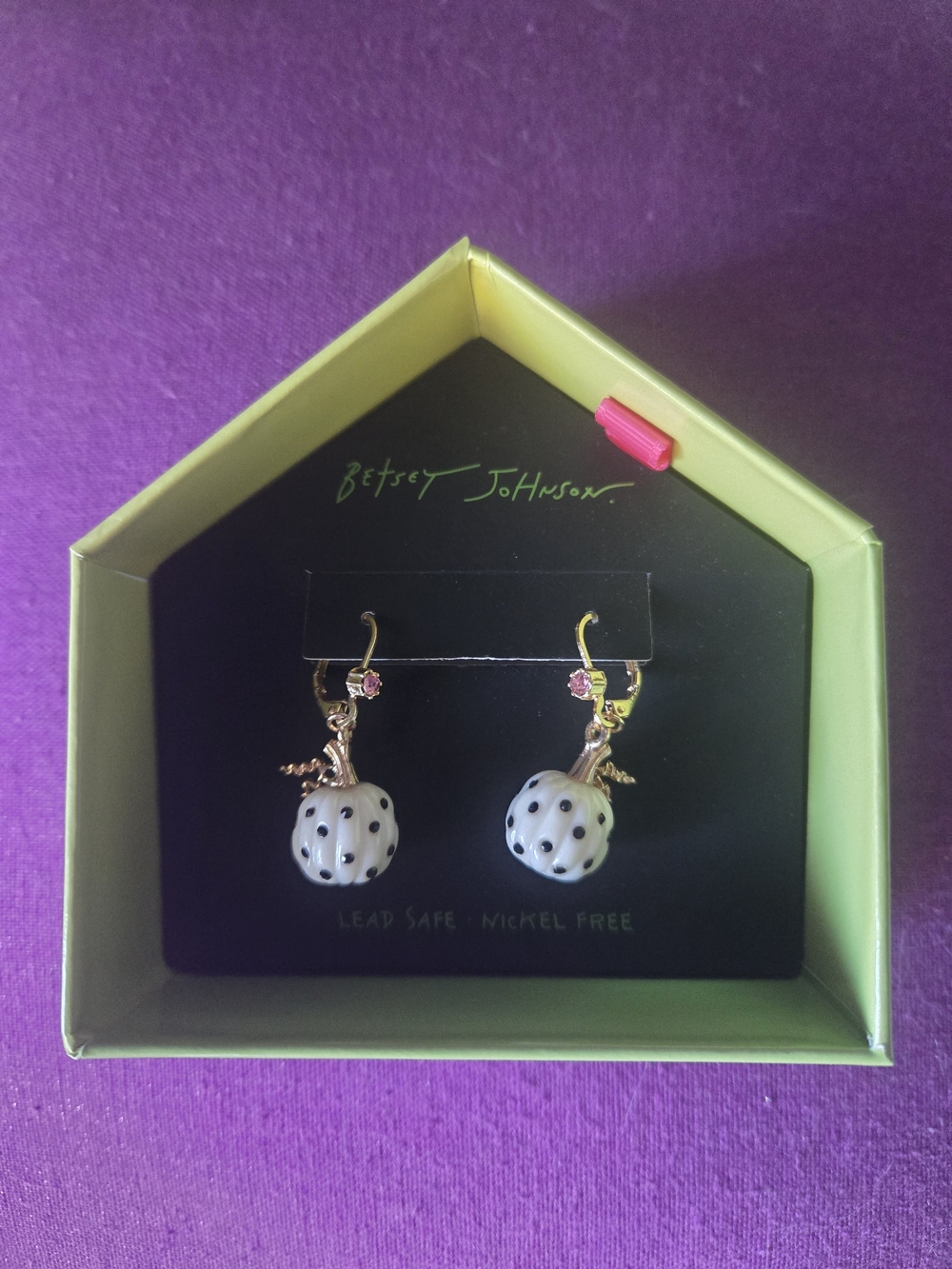 Betsey Johnson White Polka Dot Pumpkin Earrings with Pink Crystals New in Box